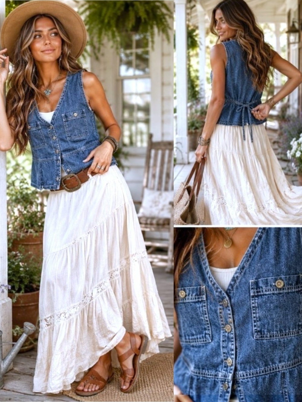Cottagecore Denim Vest 22W Cotton Button Front Tie Back Boho Western Studio Ease